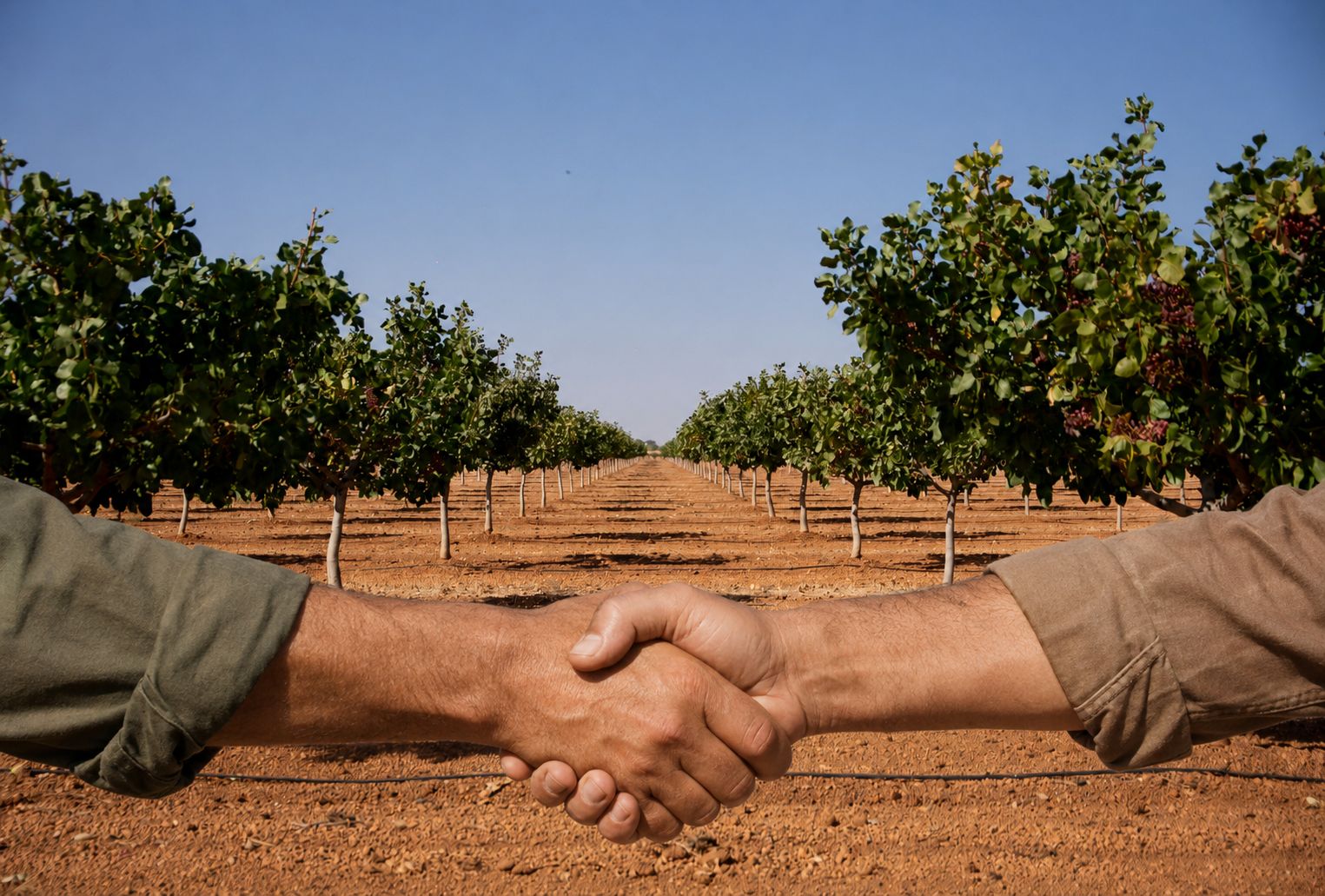 Dos productores estrechándose la mano en una finca de pistachos