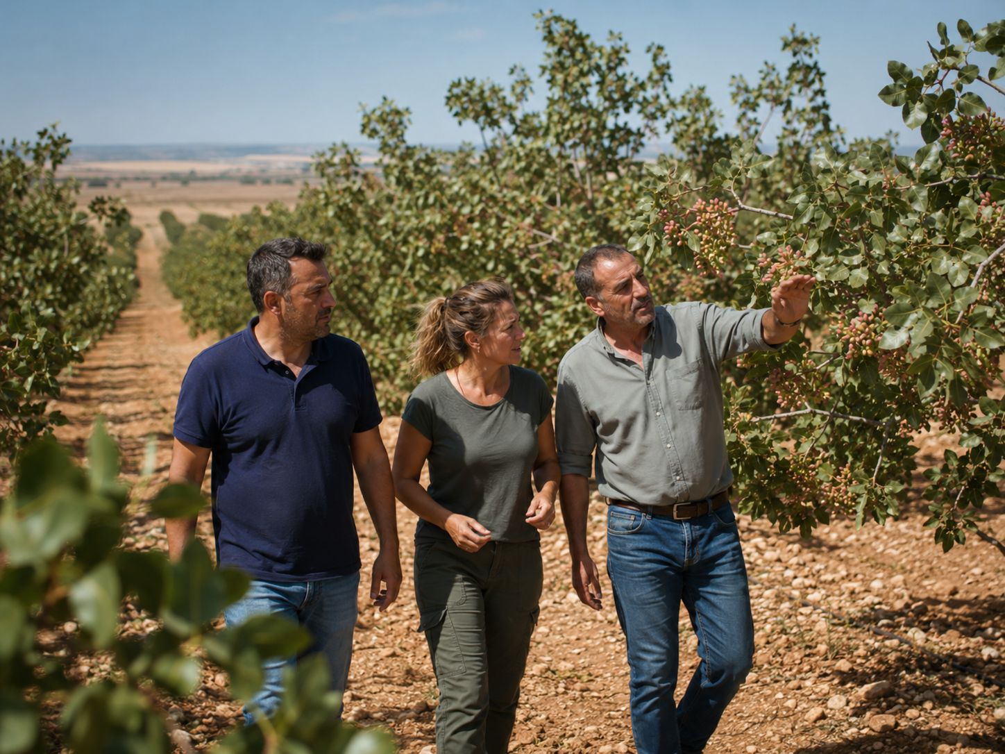 Productores recorriendo una finca de pistachos